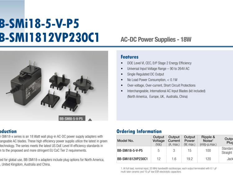 研華BB-SMI1812VP230C1 12VDC Output, 1.6A Current, 19.2W Power, Jack