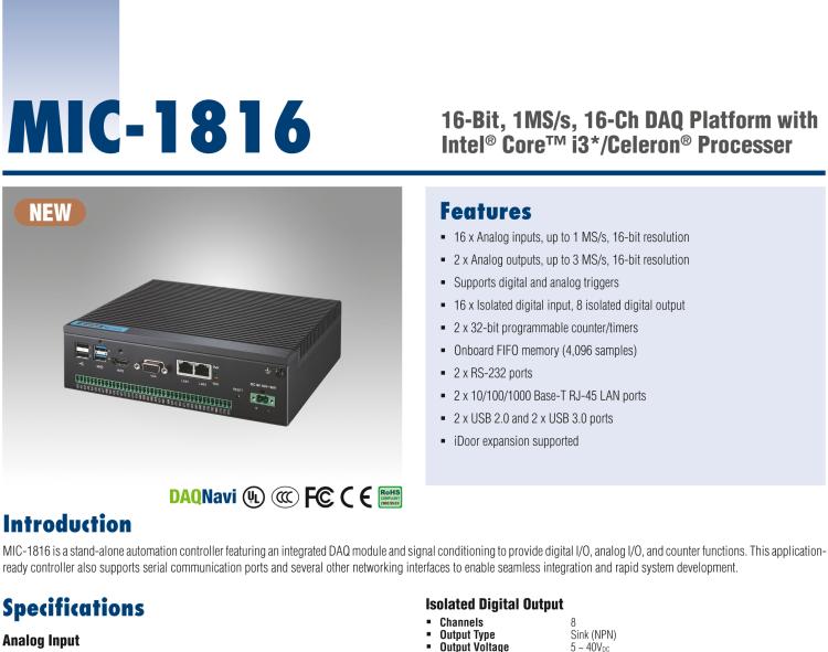 研華MIC-1816 具有Core?i3 /Celeron?處理器的16位，1 MS / s，16通道DAQ平臺(tái)