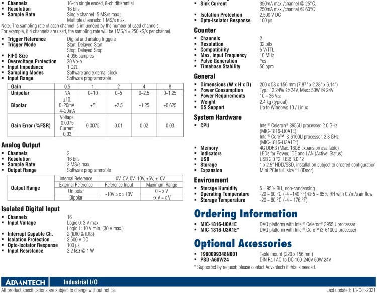 研華MIC-1816 具有Core?i3 /Celeron?處理器的16位，1 MS / s，16通道DAQ平臺(tái)