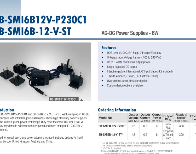 研華BB-SMI6B12V-P230C1 AC-DC 6W Power Supply - barrel plug