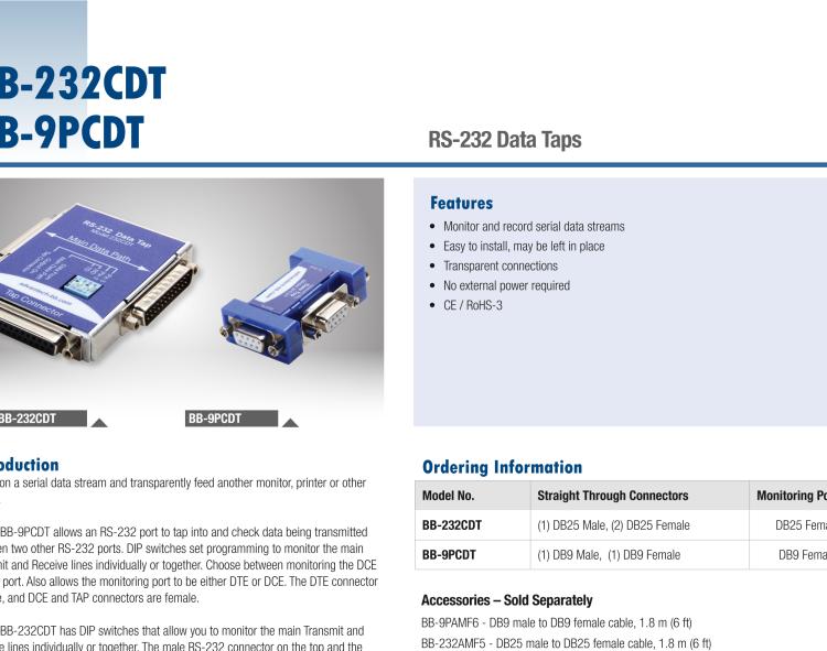 研華BB-232CDT 串口數(shù)據(jù)監(jiān)聽器，RS-232，DB25 公頭至DB25 母頭加DB25 母頭監(jiān)視器