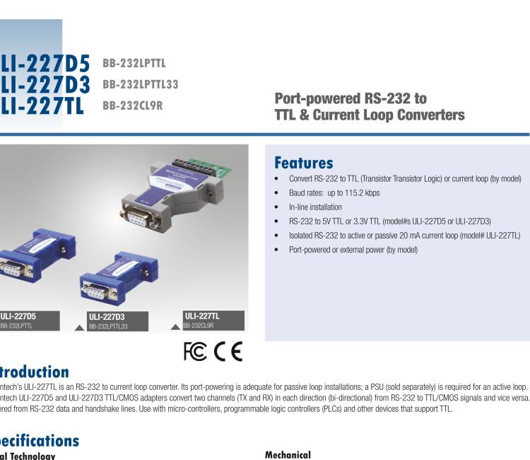 研華BB-232LPTTL33 ULI-227D3 RS-232（DB9母頭）至3.3V TTL（DB9公頭）轉(zhuǎn)換器，端口供電