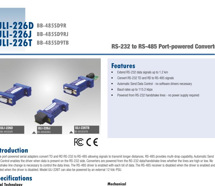 研華BB-485SD9TB ULI-226T 端口供電的 RS-232 至 TB RS-485 轉(zhuǎn)換器