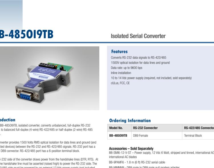 研華BB-485OI9TB 串口轉(zhuǎn)換器，RS-233 DB9母頭至RS-422/485 TB