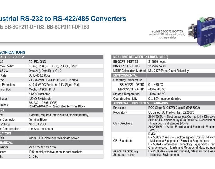 研華BB-SCP311T-DFTB3 ULI-224THC 寬溫度范圍、隔離式、RS-232 至 422/485 轉(zhuǎn)換器