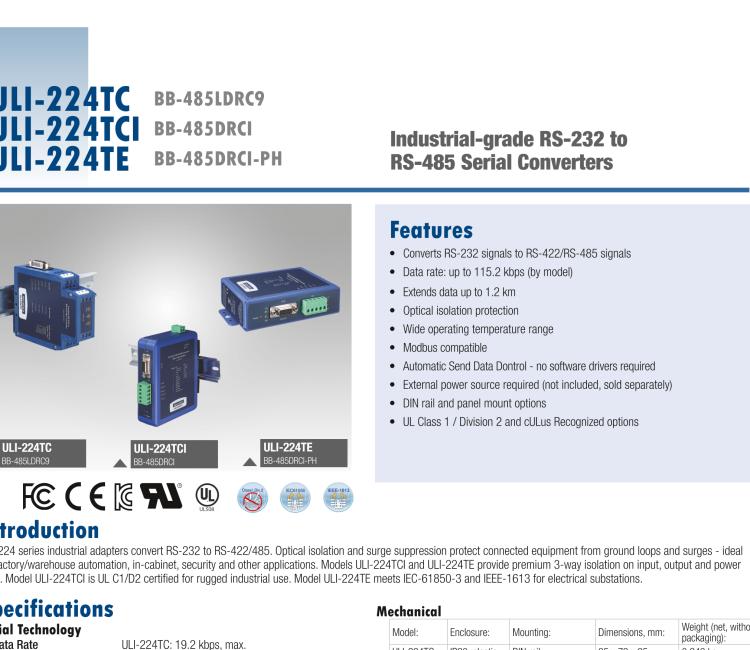 研華BB-485BAT3 ULI-224TB RS-232（DB9母頭至RS-422/485（接線端子）轉換器，電池供電