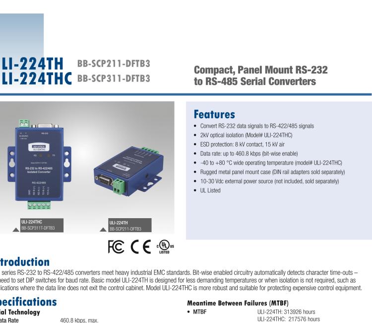 研華BB-485BAT3 ULI-224TB RS-232（DB9母頭至RS-422/485（接線端子）轉換器，電池供電