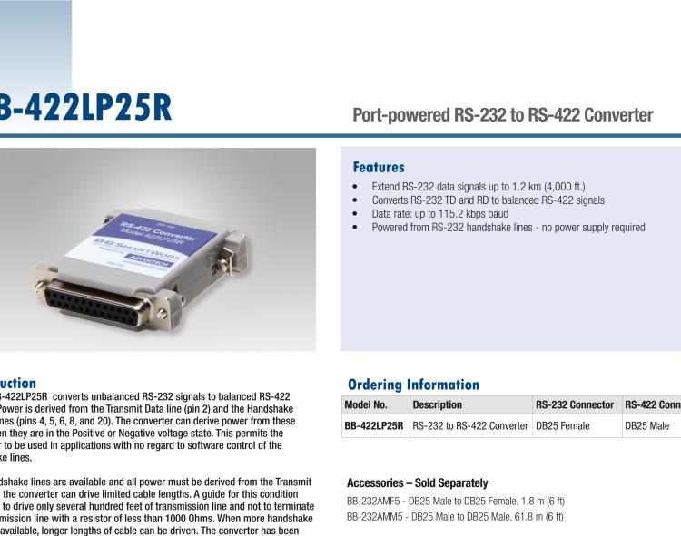 研華BB-422LP25R 串口轉(zhuǎn)換器，RS-232 DB-25 F至RS-422 DB25 M，端口供電