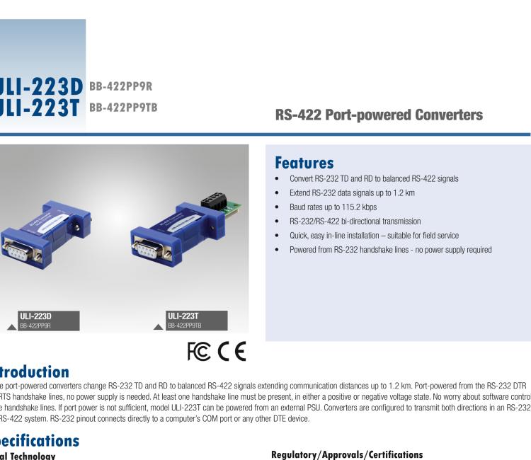 研華BB-422PP9TB ULI-223T RS-232（DB9母頭）至RS-422（接線端子）轉(zhuǎn)換器，端口供電