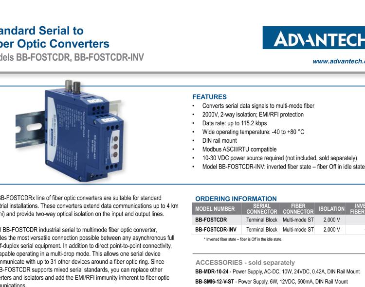 研華BB-FOSTCDR-INV 串口轉換器，RS-232/422/485 TB至MM光纖ST（反向），工業(yè)DIN