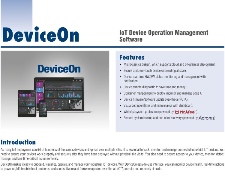 研華DeviceOn DeviceOn.DM是IoT設(shè)備管理，可遠(yuǎn)程管理連接的設(shè)備并提供集中式管理功能。